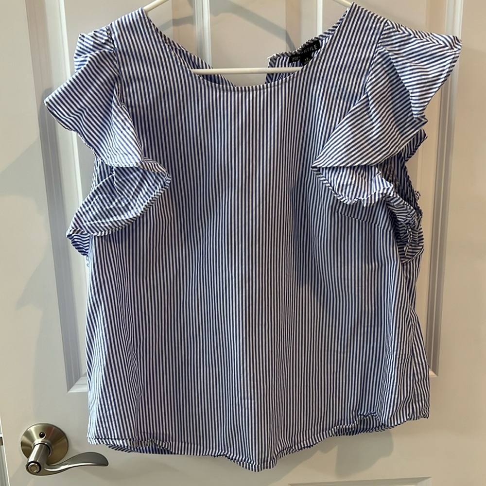 J. Crew blue white stripe ruffle sleeve shirt top